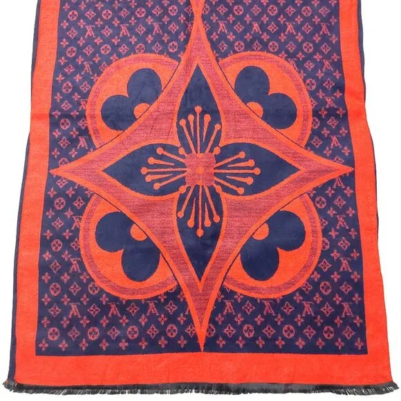 LOUIS VUITTON LV Vintage Blue & Red Abstract Floral Print Shawl Wrap Scarf